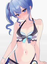 Rule 34 | 1girl, :o, bare shoulders, bikini, bikini under clothes, blue bikini, blue eyes, blue hair, breasts, fawny, front-tie bikini top, front-tie top, highleg, highleg bikini, highres, hololive, hololive summer 2023 swimsuit, hoshimachi suisei, long hair, navel, official alternate costume, side ponytail, simple background, small breasts, solo, striped bikini, striped clothes, swimsuit, virtual youtuber