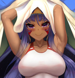 Rule 34 | 1girl, absurdres, b-pang, bad id, bad pixiv id, closed mouth, dakimakura (medium), dark-skinned female, dark skin, fate/grand order, fate (series), hair between eyes, highres, long hair, looking at viewer, lying, nitocris (fate), on back, one-piece swimsuit, purple eyes, purple hair, smile, solo, swimsuit, upper body, white one-piece swimsuit