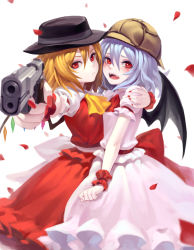 Rule 34 | 2girls, aiming, aiming at viewer, alternate headwear, arm around shoulder, arm at side, ascot, bat wings, black hat, black wings, blonde hair, blurry, blush, breast press, clenched hand, closed mouth, crystal, deerstalker, depth of field, fangs, finger on trigger, fkey, flandre scarlet, flat chest, frown, gun, hair between eyes, handgun, hat, highres, holding, holding gun, holding weapon, looking at viewer, mob cap, multiple girls, nail polish, open mouth, outstretched arm, petals, red eyes, red nails, red ribbon, red skirt, remilia scarlet, ribbon, sash, short hair, siblings, side-by-side, silver hair, simple background, sisters, skirt, skirt set, symmetrical docking, touhou, weapon, white background, white ribbon, white skirt, wings, wrist cuffs