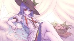 Rule 34 | 1girl, basket, breasts, collarbone, crossed legs, cup, dress, drinking glass, food, fruit, hat, hinanawi tenshi, long hair, looking at viewer, lying, miata (miata8674), necktie, on back, peach, pillow, puffy short sleeves, puffy sleeves, purple hair, red dress, shirt, short sleeves, skirt, small breasts, solo, touhou, unbuttoned, undone necktie, very long hair, wine glass