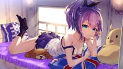 Rule 34 | 1girl, akanagi youto, azur lane, bare arms, bare shoulders, bed, black ribbon, black socks, blue eyes, breasts, camisole, cleavage, collarbone, commentary request, cross hair ornament, downblouse, hair ornament, hair ribbon, hand up, highres, indoors, javelin (azur lane), light particles, looking at viewer, lying, miniskirt, no shoes, on stomach, pillow, pleated skirt, ponytail, purple hair, purple skirt, ribbon, short hair, skirt, small breasts, smile, socks, solo, strap slip, stuffed animal, stuffed chicken, stuffed toy, teddy bear, thighs, union jack, window