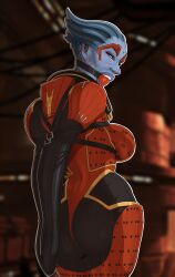 1girl alien armbinder asari_(mass_effect) ass ball_gag bdsm blue_skin blurry blurry_background bondage bound breasts colored_skin depth_of_field gag gagged highres large_breasts mass_effect_(series) samara_(mass_effect) skelebomb solo sweat