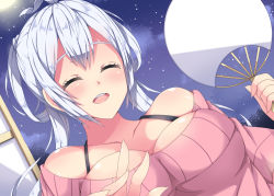 Rule 34 | 1girl, :d, ^ ^, ahoge, bare shoulders, blue hair, blush, breasts, cleavage, closed eyes, closed eyes, hand fan, large breasts, long hair, matoi (pso2), milkpanda, off-shoulder, off-shoulder sweater, open mouth, paper fan, phantasy star, phantasy star online 2, smile, solo, sweater, uchiwa