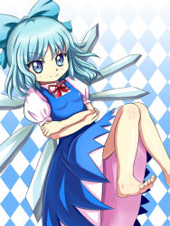 Rule 34 | 1girl, argyle, argyle background, argyle clothes, bad id, bad pixiv id, barefoot, blue eyes, blue hair, bow, cirno, crossed arms, dress, hair bow, hand on own elbow, holding another&#039;s arm, holding own arm, ice, ice wings, knees together feet apart, knees up, large bow, looking at viewer, matching hair/eyes, puffy short sleeves, puffy sleeves, ribbon, short hair, short sleeves, smile, solo, toes, tonakai (bunsuka), touhou, wings