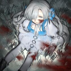 Rule 34 | 1girl, blood, blood on clothes, blood on face, blood stain, blue dress, blue flower, blue hair, dody31776243, dress, expressionless, flower, grass, grey hair, hair flower, hair ornament, hair over one eye, isekai joucho, kamitsubaki studio, multicolored hair, pantyhose, sitting, solo, two-tone dress, two-tone hair, virtual youtuber, white dress, white pantyhose