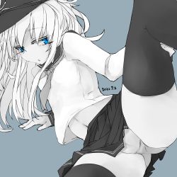 Rule 34 | 1girl, absurdres, blue background, blue eyes, breasts, cameltoe, commentary, dated, greyscale, hat, hibiki (kancolle), highres, kantai collection, leg up, long hair, long sleeves, looking at viewer, monochrome, neckerchief, panties, parted lips, pleated skirt, sailor collar, school uniform, senoo arika, serafuku, simple background, skirt, small breasts, solo, spot color, spread legs, thighhighs, underwear