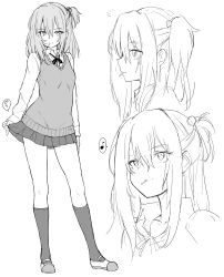 Rule 34 | 1girl, character sheet, closed mouth, eighth note, food in mouth, full body, greyscale, hair between eyes, highres, kneehighs, kyokucho, looking at viewer, miniskirt, monochrome, multiple views, musical note, original, pleated skirt, shoes, side ponytail, sidelocks, sketch, skirt, smile, socks, spoken musical note, standing, thighs, uwabaki