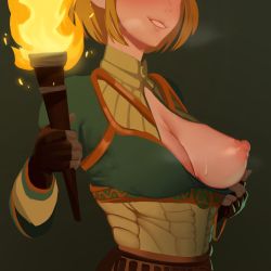 Rule 34 | 1girl, absurdres, black gloves, blonde hair, blue shirt, breasts, corset, fingerless gloves, fire, gloves, highres, holding, holding torch, large breasts, mon eree, nintendo, nipples, no bra, one breast out, parted lips, princess zelda, shirt, short hair, smile, smug, solo, steaming body, sweat, the legend of zelda, the legend of zelda: breath of the wild, the legend of zelda: tears of the kingdom, torch, underbust, upper body