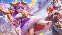 Rule 34 | 1girl, alice (arena of valor), arena of valor, bijan (arena of valor), blue sky, cape, cloud, day, dress, green eyes, highres, holding, holding staff, horns, jewelry, lilianakokomi (user mxpw5845), open mouth, pink dress, pink hair, sky, smile, solo, staff