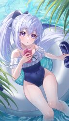 Rule 34 | 1girl, absurdres, bare legs, bare shoulders, blue archive, commentary, halo, highres, innertube, lunel, miyako (blue archive), miyako (swimsuit) (blue archive), one-piece swimsuit, ponytail, purple eyes, swim ring, swimsuit, thighs, white hair