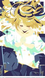 Rule 34 | 1boy, 1girl, angel, blonde hair, blush, closed eyes, closed mouth, diffraction spikes, dress, halo, highres, long hair, mochigome (ununquadium), original, own hands clasped, own hands together, smile, sparkle, v, white dress