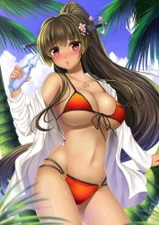 Rule 34 | 10s, 1girl, anchor, bad id, bad pixiv id, beach, bikini, blush, breasts, brown eyes, brown hair, chestnut mouth, cleavage, cloud, collarbone, cowboy shot, day, flower, front-tie top, full-face blush, hair flower, hair ornament, headgear, holding, jacket, jewelry, kantai collection, large breasts, leaf, long hair, long sleeves, looking at viewer, navel, o-ring, o-ring bottom, off shoulder, open clothes, open mouth, outdoors, palm tree, pendant, ponytail, ramune, red bikini, revision, shibata rai, shiny skin, sky, solo, sweat, swimsuit, tan, tree, underboob, yamato (kancolle)