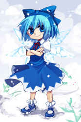 Rule 34 | 1girl, blue eyes, blue hair, blush stickers, bobby socks, bow, cirno, crossed arms, esythqua, hair bow, mary janes, matching hair/eyes, qua (artist), shoes, short hair, snowing, socks, solo, standing, embodiment of scarlet devil, touhou, wings