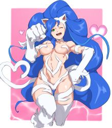 Rule 34 | 1girl, ;d, absurdres, animal ears, animal hands, big hair, blue hair, breasts, capcom, cat ears, cat girl, cat paws, cat tail, choker, claws, cropped legs, fangs, felicia (vampire), green eyes, hand on own hip, heart, heart tail, highres, long hair, medium breasts, midriff, navel, one eye closed, open mouth, paw pose, pretty-purin720, smile, solo, tail, thighhighs, vampire (game), very long hair, white choker, white thighhighs