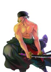 Rule 34 | 1boy, abs, bandana, bara, black bandana, clothes down, feet out of frame, fighting stance, green hair, highres, large pectorals, looking to the side, male focus, mouth hold, muscular, muscular male, nipples, nok (nok 1), one piece, pectoral squeeze, pectorals, roronoa zoro, scar, scar across eye, short hair, solo, topless male, triple wielding