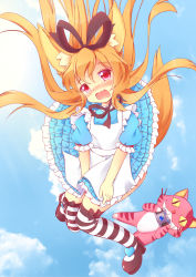 Rule 34 | 1girl, alice in wonderland, animal ears, apron, blush, brown hair, camera, cat, cheshire cat (alice in wonderland), day, dog ears, dress, dress tug, elin, falling, grin, highres, kt cano, long hair, mary janes, open mouth, red eyes, ribbon, shoes, sky, smile, striped clothes, striped thighhighs, tail, tears, tera online, thighhighs, wind, wind lift