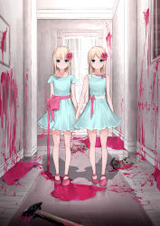 Rule 34 | 2girls, axe, bare arms, bare legs, bare shoulders, blonde hair, blood, blue dress, blue eyes, closed mouth, collarbone, commentary request, dress, expressionless, flower, full body, grady sisters (the shining), hair flower, hair ornament, highres, holding hands, indoors, jewelry, kanju, long hair, looking at viewer, multiple girls, necklace, original, parted bangs, pink blood, pink flower, pink footwear, pink ribbon, ribbon, shoes, short sleeves, side-by-side, sleeveless, sleeveless dress, standing, stuffed animal, stuffed toy, teddy bear, the shining, thighs