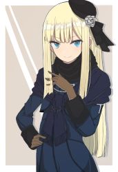 Rule 34 | &gt;:), 1girl, beret, black hat, blonde hair, blue coat, blue eyes, brown background, brown gloves, closed mouth, coat, commentary request, fate (series), flower, fringe trim, gloves, grey flower, grey rose, hair flower, hair ornament, hand up, hat, hinomaru (futagun), long hair, long sleeves, lord el-melloi ii case files, mini hat, reines el-melloi archisorte, rose, smile, solo, tilted headwear, two-tone background, v-shaped eyebrows, very long hair, white background