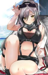Rule 34 | 1girl, animal ears, arknights, arm support, arm up, bare shoulders, black scarf, black shorts, blush, breasts, cat ears, commentary, crop top, eyewear on head, feet out of frame, knee up, large breasts, long hair, long sleeves, looking at viewer, midriff, navel, off shoulder, parted lips, ry thae, scarf, schwarz (arknights), short shorts, shorts, silver hair, sitting, solo, stomach, sunglasses, thighs, yellow eyes
