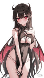 Rule 34 | 1girl, absurdres, bare arms, bare shoulders, black hair, black panties, blush, bracelet, breasts, commentary request, demon girl, hand on own chest, highres, horns, jewelry, kudou (sikisiki0000), large breasts, long hair, looking at viewer, mole, mole under eye, original, panties, parted lips, pelvic curtain, pointy ears, red eyes, red nails, ring, signature, simple background, sleeveless, thighs, underwear, white background, wings