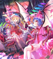 Rule 34 | 2girls, arm up, ascot, bare legs, bat wings, blonde hair, blue flower, blue hair, blue rose, bottle, bridal garter, brooch, chair, checkered floor, crossed legs, cup, dress, dutch angle, elbow gloves, embellished costume, female focus, flandre scarlet, floor, flower, frilled legwear, full moon, fuzichoco, gloves, hat, hat flower, highres, jewelry, looking at viewer, mary janes, mask, moon, multicolored flower, multicolored rose, multiple girls, night, night sky, petals, pink flower, pink rose, red eyes, red moon, remilia scarlet, revision, rose, shoes, short hair, siblings, side ponytail, sisters, sitting, sky, smile, spill, star (sky), starry sky, table, teacup, touhou, waving, white gloves, window, wings