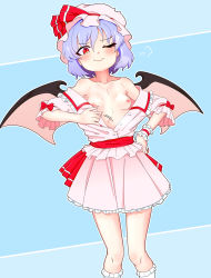 Rule 34 | 1girl, ;), absurdres, bat wings, big mouse, blouse, blush, bobby socks, bow, breasts, closed mouth, commentary request, fangs, feet out of frame, frilled shirt collar, frilled skirt, frilled sleeves, frills, hair between eyes, hat, hat ribbon, highres, looking at viewer, mob cap, nipples, off shoulder, one eye closed, open clothes, open shirt, pink hat, pink shirt, pink skirt, puffy short sleeves, puffy sleeves, purple hair, red bow, red eyes, red ribbon, remilia scarlet, ribbon, shirt, short hair, short sleeves, skirt, skirt set, small breasts, smile, socks, solo, standing, touhou, waist bow, white socks, wings, wrist cuffs