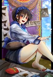 Rule 34 | 1girl, bangle, barefoot, bracelet, brown eyes, brown hair, character name, cigarette, commentary request, earrings, facial tattoo, hairband, jewelry, open mouth, ryuuichi (f dragon), short hair, sitting, smoking, solo, tattoo, tobacco, touhou, translation request, tsukumo yatsuhashi
