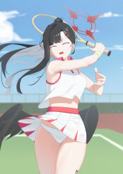 Rule 34 | 1girl, absurdres, black hair, black wings, blue archive, breasts, closed eyes, copper, cowboy shot, day, feathered wings, hair ornament, hairclip, halo, highres, holding, holding tennis racket, ichika (blue archive), long hair, medium breasts, open mouth, outdoors, panties, pleated skirt, ponytail, racket, red halo, skirt, solo, tennis racket, underwear, white panties, white skirt, wings