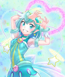 Rule 34 | 1girl, absurdres, armpits, arms up, blue background, blue dress, blue eyes, blue hair, bow, bracelet, cure milky, dress, earrings, grin, hagoromo lala, heart, heart hands, highres, itou shin&#039;ichi, jewelry, looking at viewer, medium hair, pointy ears, precure, see-through, short sleeves, smile, solo, standing, star-shaped pupils, star (symbol), star twinkle precure, symbol-shaped pupils, white bow