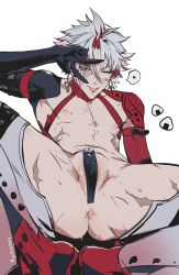 Rule 34 | 1boy, abs, anus, armor, black gloves, cuntboy, earrings, facial scar, fingernails, food, gloves, gold earrings, harness, heterochromia, highres, jewelry, looking at viewer, male focus, nipples, one eye closed, onigiri, open clothes, open pants, pants, pectorals, pige0n0004, pubic hair, pussy, red armor, scar, scar (wuthering waves), scar on cheek, scar on chest, scar on face, scar on leg, sharp fingernails, short hair, solo, solo focus, spiked hair, spread legs, spread pussy, sweat, tape, tape on pussy, toned, toned male, tongue, tongue out, v, white hair, wuthering waves