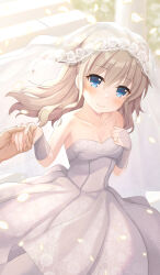 Rule 34 | 1girl, 1other, backlighting, bare shoulders, blue eyes, blurry, blurry background, blush, breasts, bridal gauntlets, bridal veil, charlotte (anime), cleavage, closed mouth, collarbone, commentary request, commission, cowboy shot, dress, echiru39, eyelashes, eyes visible through hair, fingernails, floating clothes, floating hair, floral print, from above, glint, gloves, grey hair, hair between eyes, hair down, hands up, highres, holding hands, jewelry, light particles, lips, long dress, long hair, looking at viewer, medium breasts, ring, rose print, second-party source, sidelocks, skeb commission, smile, solo focus, standing, staring, strapless, strapless dress, tomori nao, veil, wavy hair, wedding, wedding dress, wedding ring, white dress, white gloves, wind, wind lift