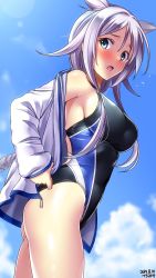 Rule 34 | 1girl, artist name, beach, black one-piece swimsuit, blue eyes, blue one-piece swimsuit, blue sky, blush, braid, breasts, collarbone, competition swimsuit, covered navel, cowboy shot, dated, day, hair between eyes, highres, jacket, kantai collection, long hair, long sleeves, looking at viewer, medium breasts, mole, mole under eye, one-piece swimsuit, open clothes, open jacket, open mouth, single braid, sky, solo, standing, swimsuit, tsuchimiya, umikaze (kancolle), umikaze kai ni (kancolle), undressing, very long hair, white hair, white jacket
