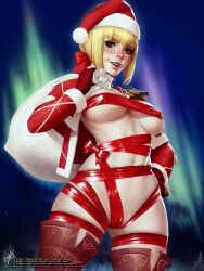 Rule 34 | 1girl, :d, bell, blush, boots, bow, capelet, covered erect nipples, cowboy shot, fate/grand order, fate (series), gloves, green eyes, groin, hair bow, hat, highres, holding, holding sack, long sleeves, naked ribbon, navel, neck bell, nero claudius (fate), nero claudius (fate) (all), open mouth, outdoors, red bow, red capelet, red footwear, red gloves, red ribbon, ribbon, sack, santa hat, smile, snowflake print, solo, teeth, themaestronoob, thigh boots, upper teeth only, watermark, web address