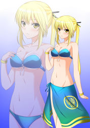 Rule 34 | 1girl, bandeau, bare shoulders, bikini, blonde hair, blue bikini, blush, bracelet, breasts, cleavage, front-tie top, gradient background, groin, hair ornament, hair stick, hand on own chest, highres, jewelry, kenken, long hair, looking at viewer, medium breasts, navel, o-ring, o-ring bottom, open mouth, ponytail, sarong, shin sangoku musou, solo, standing, strapless, strapless bikini, swimsuit, wang yuanji, yellow eyes, zoom layer