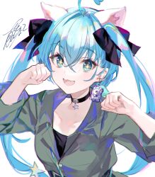 Rule 34 | + +, 1girl, :3, :d, absurdres, ahoge, animal ears, belt, black belt, black bow, black shirt, blue hair, bow, cat ears, choker, collarbone, earrings, fangs, fuzichoco, green jacket, hair between eyes, hair ornament, hashtag-only commentary, hatsune miku, heart, heart ahoge, highres, jacket, jewelry, letter earrings, long hair, looking at viewer, open mouth, paw pose, project sekai, shirt, signature, single earring, single sidelock, sleeves past elbows, smile, star (symbol), star choker, twintails, upper body, very long hair, white background, wonderlands x showtime miku, zozotown