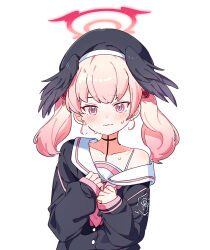 Rule 34 | 1girl, beret, black cardigan, black hat, black wings, blue archive, blush, cardigan, closed mouth, commentary request, halo, hat, head wings, highres, hugfin, koharu (blue archive), korean commentary, long sleeves, looking at viewer, medium hair, neckerchief, off shoulder, pink eyes, pink hair, pink neckerchief, sailor collar, simple background, sleeves past wrists, solo, sweat, twintails, upper body, white background, white sailor collar, wings