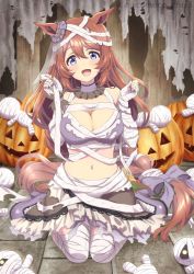 Rule 34 | 1girl, animal ears, bandaged arm, bandaged leg, bandages, black skirt, blue eyes, bow, braid, breasts, brown hair, cleavage, commentary request, crop top, ear ribbon, frilled skirt, frills, full body, highres, horse ears, horse girl, horse tail, jack-o&#039;-lantern, kneeling, large breasts, long hair, looking at viewer, miniskirt, navel, open mouth, purple shirt, shirt, skirt, sleeveless, sleeveless shirt, smile, solo, super creek (chiffon ribbon mummy) (umamusume), super creek (umamusume), tail, tsuji tomoko, umamusume