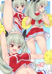 Rule 34 | 10s, 1girl, :d, anchovy (girls und panzer), arm behind head, armpits, ass, black ribbon, blue background, blush, breasts, camel, cheerleader, crotch seam, drill hair, girls und panzer, green hair, green panties, hair ribbon, highres, holding, hugging own legs, lace, lace-trimmed panties, lace trim, legs, long hair, looking at viewer, looking back, medium breasts, midriff, miniskirt, multiple views, navel, open mouth, outside border, panties, pleated skirt, pom pom (cheerleading), red eyes, red shirt, ribbon, shirt, shoes, single horizontal stripe, skirt, sleeveless, sleeveless shirt, smile, socks, split, standing, standing on one leg, standing split, striped clothes, striped panties, sweat, twin drills, twintails, underwear, v-shaped eyebrows, white footwear, white legwear, yoi naosuke
