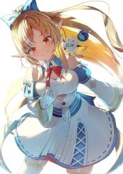 Rule 34 | 1girl, absurdres, bare shoulders, blonde hair, blue bow, bow, bowtie, breasts, cleavage, cleavage cutout, closed mouth, clothing cutout, dark-skinned female, dark skin, detached collar, detached sleeves, dress, elf, elfriend (shiranui flare), gloves, hair bow, highres, hololive, kamatoyu, large breasts, long hair, looking at viewer, orange eyes, pointy ears, red bow, red bowtie, shiranui flare, shiranui flare (1st costume), simple background, smile, solo, thighhighs, very long hair, virtual youtuber, white background, white dress, white gloves, white thighhighs, wide sleeves