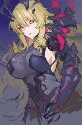 Rule 34 | 1girl, absurdres, armor, bare shoulders, black dress, blonde hair, breasts, brown pantyhose, dress, barghest (fate), barghest (second ascension) (fate), fate/grand order, fate (series), fengyin shici guozi, gauntlets, green eyes, heterochromia, highres, horns, large breasts, long hair, looking at viewer, pantyhose, pauldrons, pelvic curtain, red eyes, shoulder armor, sideboob, single gauntlet, single pauldron, solo