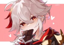 Rule 34 | 1boy, bandaged hand, bandages, blush, candy, chocolate, chocolate bar, crossed bangs, food, genshin impact, grey hair, hair between eyes, heart, highres, holding, holding food, japanese clothes, kaedehara kazuha, looking at viewer, male focus, multicolored hair, ponytail, red eyes, red hair, simple background, solo, streaked hair, twitter username, two-tone background, upper body, yakipaimon3