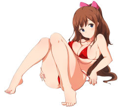 Rule 34 | 1girl, barefoot, bikini, blue eyes, blush, bow, breasts, brown hair, collarbone, covered erect nipples, feet, hair bow, hand on own thigh, head tilt, knees together feet apart, knees up, large breasts, long hair, looking at viewer, mole, mole under eye, nail polish, nakasima-syouta, original, pink nails, reclining, red bikini, sidelocks, simple background, sitting, skindentation, solo, string bikini, swimsuit, tiptoes, toes