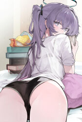 Rule 34 | 1girl, absurdres, ass, blue archive, book, cowboy shot, food, from behind, halo, highres, holding, holding book, indoors, long hair, mechanical halo, movik, panties, purple eyes, purple hair, shirt, short sleeves, smile, solo, underwear, white shirt, yuuka (blue archive)