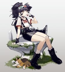 Rule 34 | 1girl, 3d glasses, :o, an-an lee, arm support, backpack, bag, bandaid, bandaid on knee, bandaid on leg, belt, berver, black bag, black belt, black choker, black footwear, black gloves, black hair, black skirt, boots, cat, choker, clothes writing, cross-laced footwear, earrings, eyewear on head, faux figurine, fingerless gloves, food, full body, gloves, grass, grey background, hand up, highres, holding, holding food, jewelry, knee boots, lace-up boots, looking down, medium hair, megaphone, miniskirt, pencil skirt, ponytail, reverse:1999, rock, shirt, short sleeves, sitting, sketch, skirt, socks, solo, t-shirt, white shirt, white socks, yellow eyes, yin yang