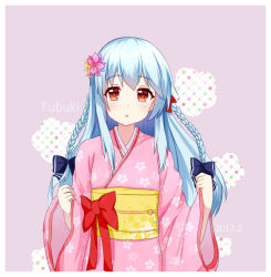 Rule 34 | 1girl, arms up, blue bow, blue hair, bow, braid, character name, floral print, flower, fubuki (warship girls r), hair bow, hair flower, hair ornament, highres, japanese clothes, kimono, long hair, looking at viewer, obi, open mouth, pinching sleeves, pink kimono, red bow, red eyes, sash, simple background, solo, tsukimiya yuuko, warship girls r, wide sleeves