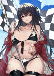 Rule 34 | 1girl, absurdres, azur lane, bikini, black bikini, black panties, breasts, checkered flag, cleavage, clothes around waist, collarbone, day, unworn eyewear, flag, highres, holding, holding flag, jacket, jacket around waist, large breasts, long hair, long sleeves, looking at viewer, navel, official alternate costume, one side up, open clothes, open jacket, outdoors, panties, parted lips, picoli1313, race queen, red eyes, red jacket, solo, swimsuit, taihou (azur lane), taihou (enraptured companion) (azur lane), thigh strap, underwear, very long hair