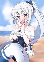 Rule 34 | 1girl, bag, bare shoulders, beach, blue archive, blue bow, blue eyes, blue hair, blue innertube, blue one-piece swimsuit, blue sky, blush, bow, casual one-piece swimsuit, cloud, cloudy sky, collarbone, commentary request, covering own mouth, efu (ehutan), frilled one-piece swimsuit, frills, hair bow, halo, handbag, holding, holding swim ring, horizon, innertube, light blue hair, looking at viewer, miyako (blue archive), miyako (swimsuit) (blue archive), ocean, off-shoulder one-piece swimsuit, off shoulder, official alternate costume, official alternate hairstyle, one-piece swimsuit, outdoors, see-through, side ponytail, sky, swim ring, swimsuit