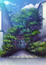 Rule 34 | alley, architecture, blue sky, building, bush, cloud, commentary request, dappled sunlight, day, east asian architecture, flower, grass, highres, light rays, mituura, no humans, original, outdoors, path, purple flower, road, scenery, sky, sunlight, torii
