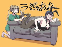 Rule 34 | 2girls, animal ears, black bow, black bowtie, black eyes, black hair, black pantyhose, blush, bou (inubou), bow, bowtie, braid, braided bun, breasts, brown hair, character request, cleavage, commentary request, constricted pupils, couch, detached collar, double bun, fake animal ears, fake tail, tickling feet, fuu-chan (fuu-chan no ana), fuu-chan no ana, hair bun, highres, huge breasts, kneeling, leotard, long hair, multiple girls, pantyhose, playboy bunny, rabbit ears, rabbit tail, shirt, t-shirt, tail, tears, traditional bowtie, translation request, v-shaped eyebrows, wrist cuffs