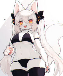 Rule 34 | 1girl, animal ears, animal hands, bikini, black bikini, black thighhighs, blush, body fur, breasts, claws, cleavage, fangs, furry, furry female, groin, highres, large breasts, long hair, open mouth, orange eyes, original, pemi (spommmm), ribbon, smile, solo, swimsuit, tail, thighhighs, thighs, twintails, very long hair, white hair, wolf ears, wolf girl, wolf tail